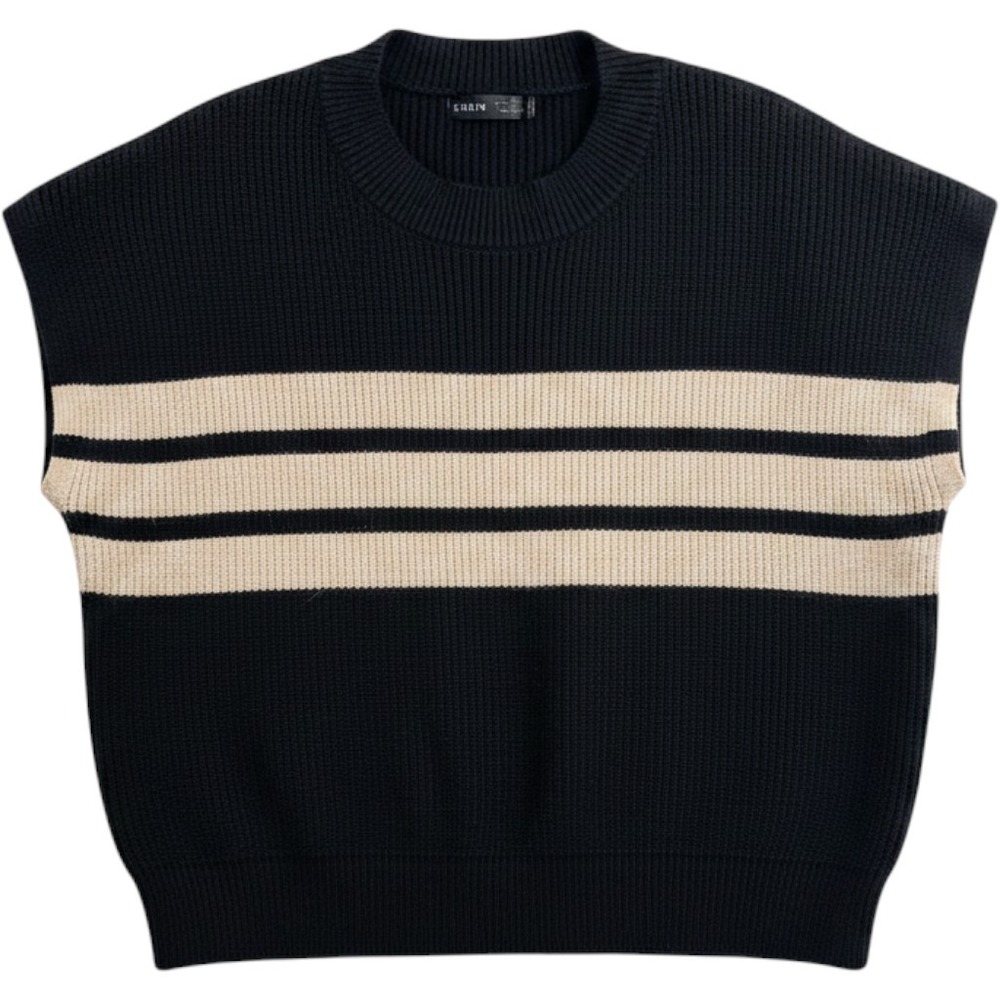 Shein Black Beige Striped Knit Sweater Vest Oversized Crew Neck XL